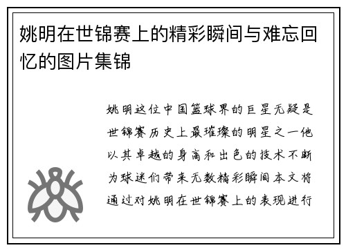 姚明在世锦赛上的精彩瞬间与难忘回忆的图片集锦